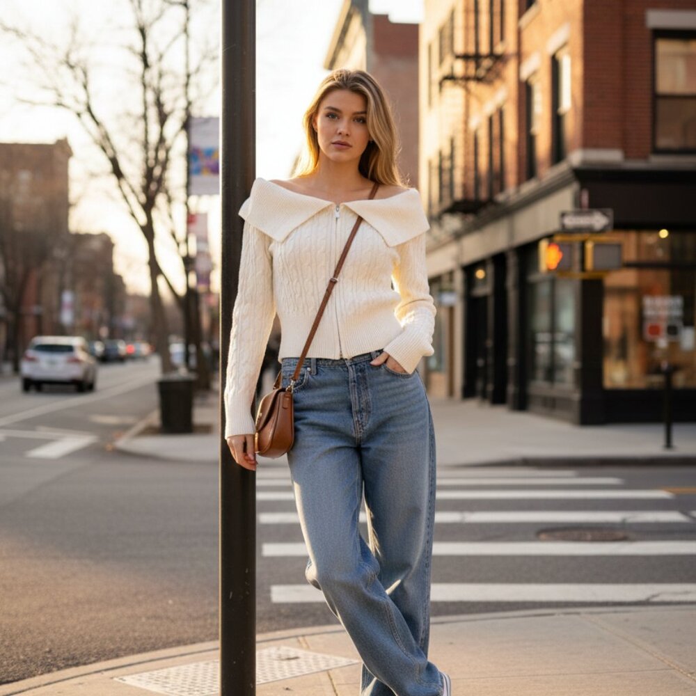 Streetwear Society Cable‎ Knit Zip Cardigan Sweater Cream White Small Cropped